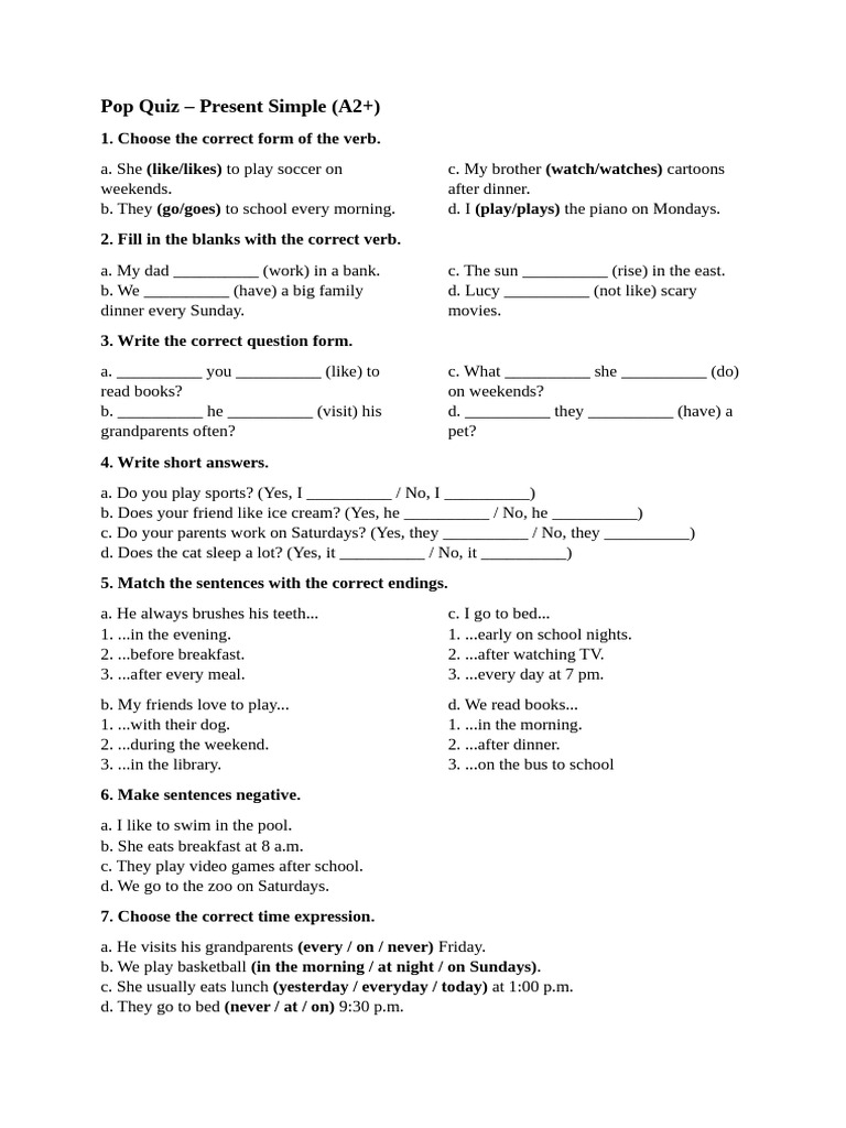 A2 Present Simple Quiz | PDF