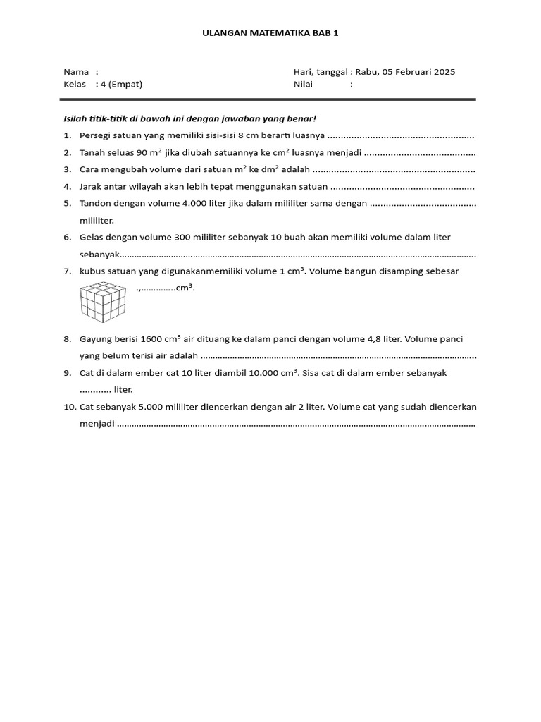 Ulangan Matematika Kelas 4 Bab 1 | PDF