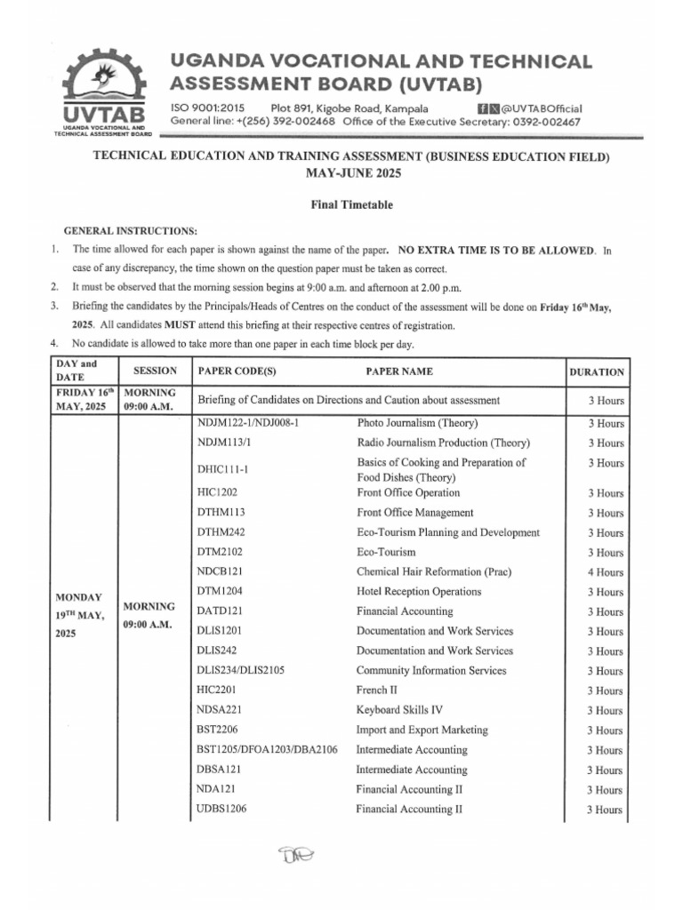 Final Timetable Business UVTAB Diploma MAY - JUNE 2025 | PDF