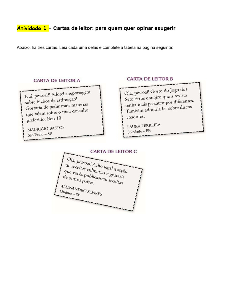 Atividade de Cartas do Leitor | PDF