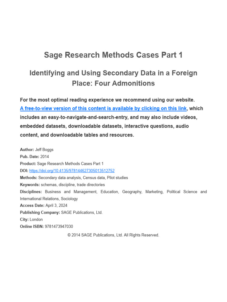 Identifying and Using Secondary Data in A Foreign Place Four ...