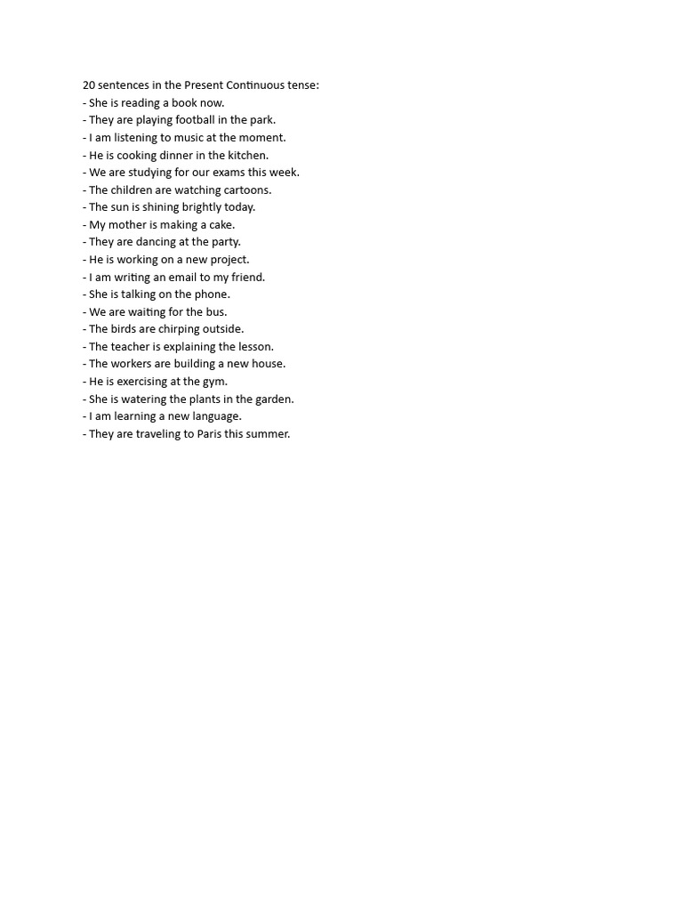 20 Sentences in the Present Continuous Tense | PDF