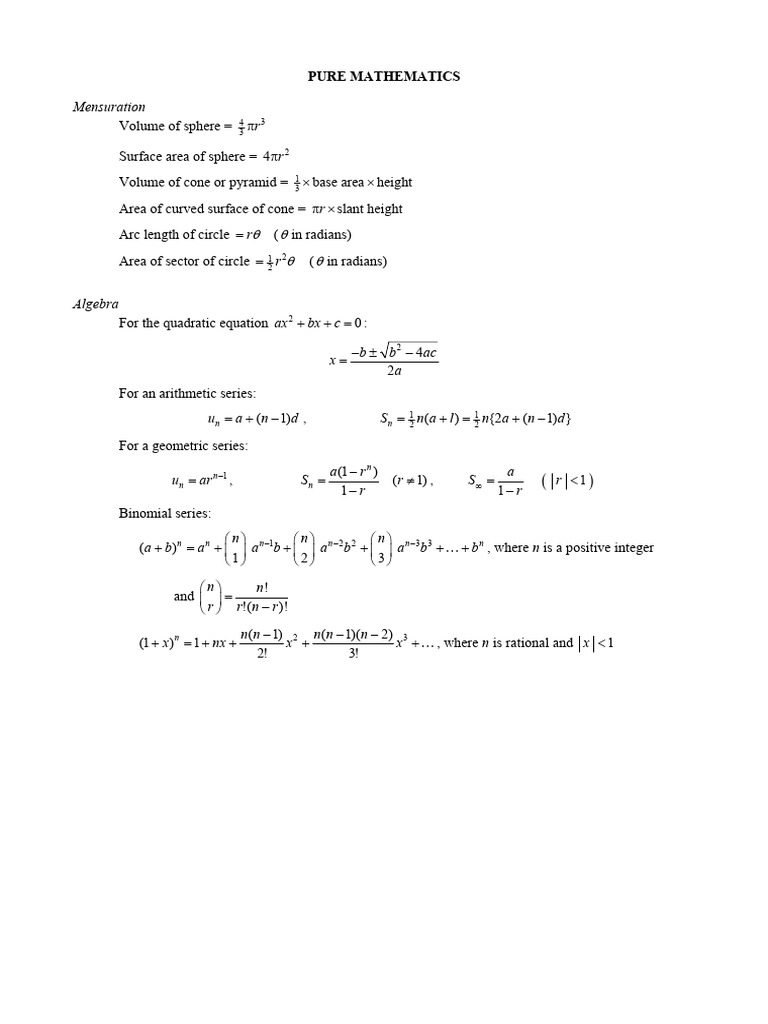 Pure Mathematics: Formulas & Concepts | PDF | Area | Curve