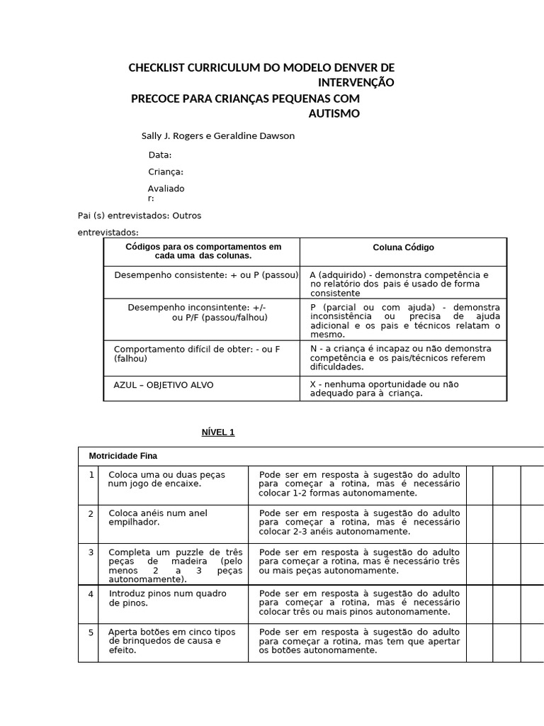 Checklist Denver para Intervenção Precoce | PDF | Brinquedos | Desenho