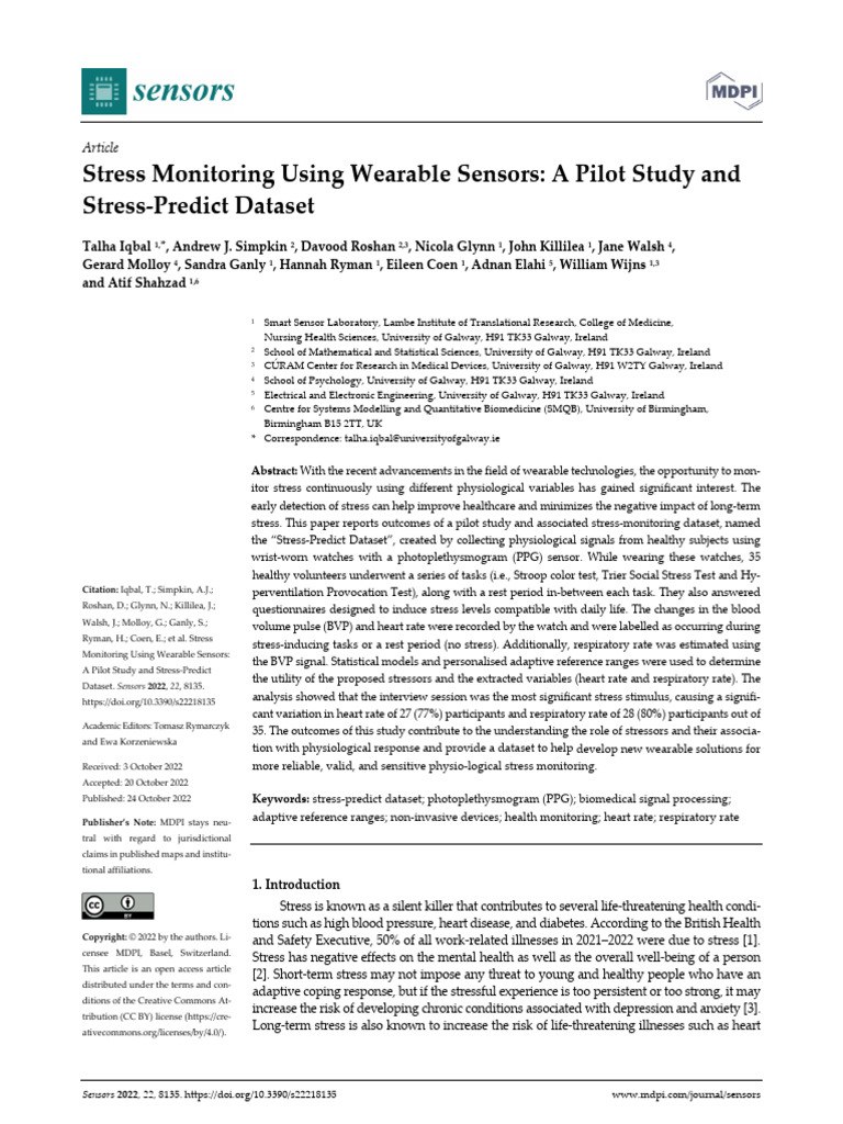 Wearable Sensors for Stress Monitoring | PDF | Stress (Biology) | Heart ...