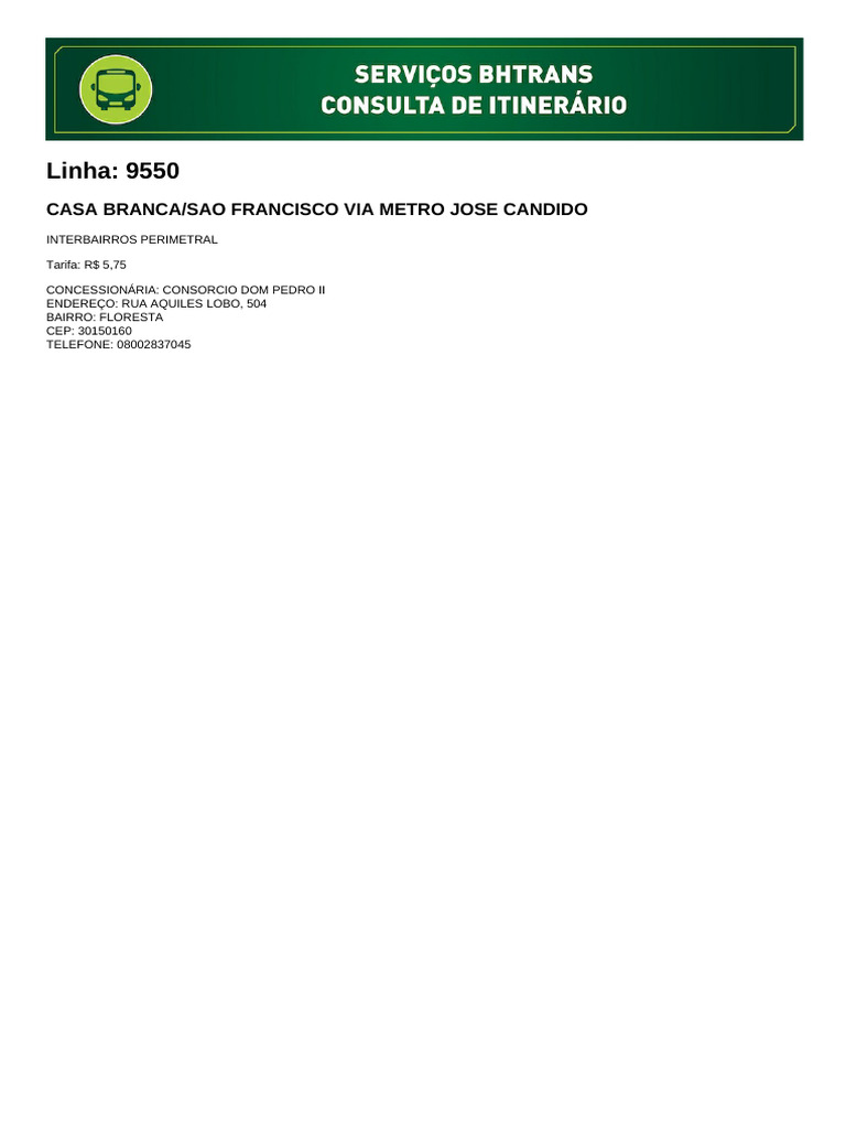 Horários e Itinerário do Ônibus 9550 | PDF