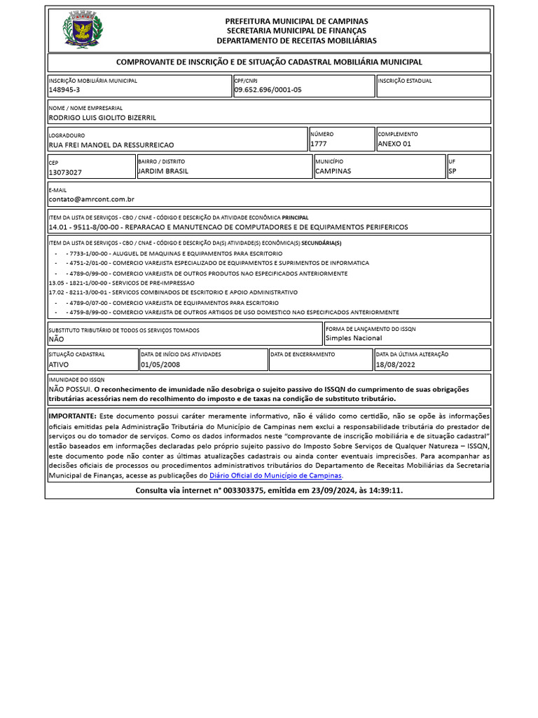 Comprovante de Inscrição Mobiliária Campinas | PDF