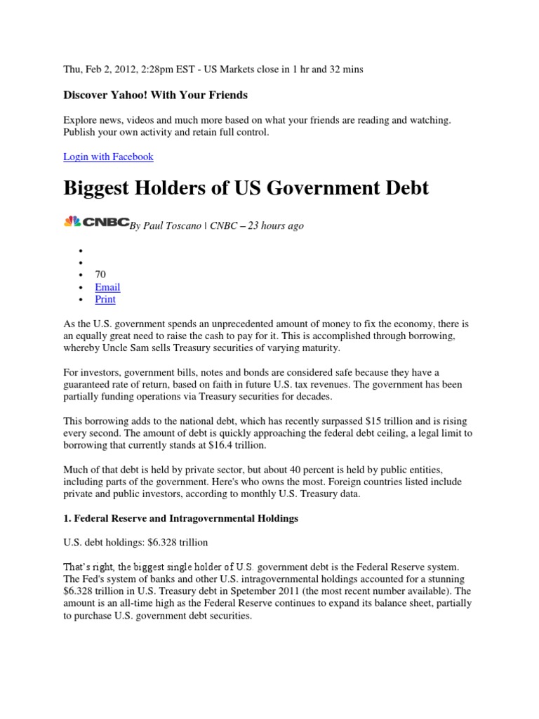 Biggest Holders of US Government Debt Discover Yahoo! With Your