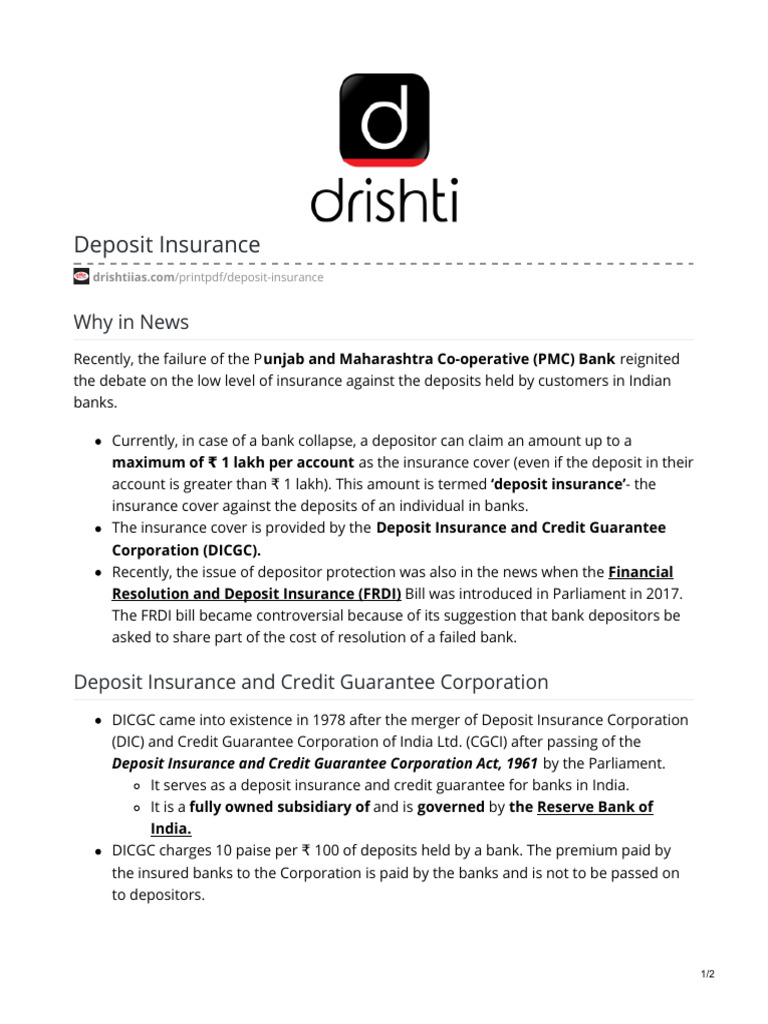 DICGC Deposit Insurance Overview | PDF | Deposit Insurance | Banks