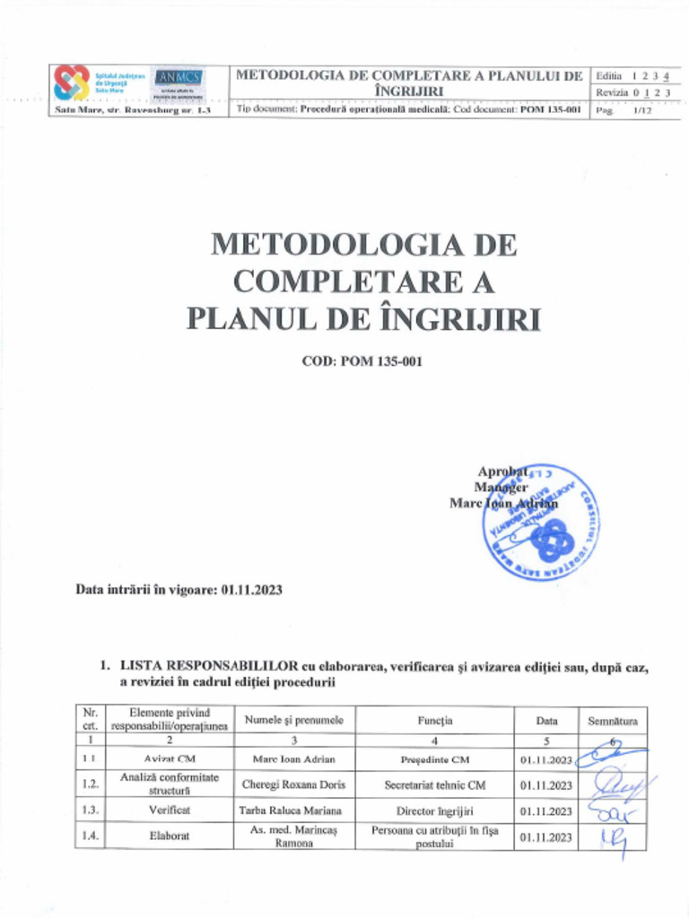 Metodologia de Completare A Planului de Ingrijiri POM 135 001 | PDF
