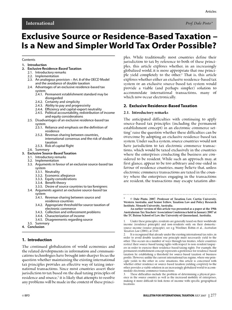 Exclusive Taxation: Residence vs. Source | PDF | Taxes | International ...