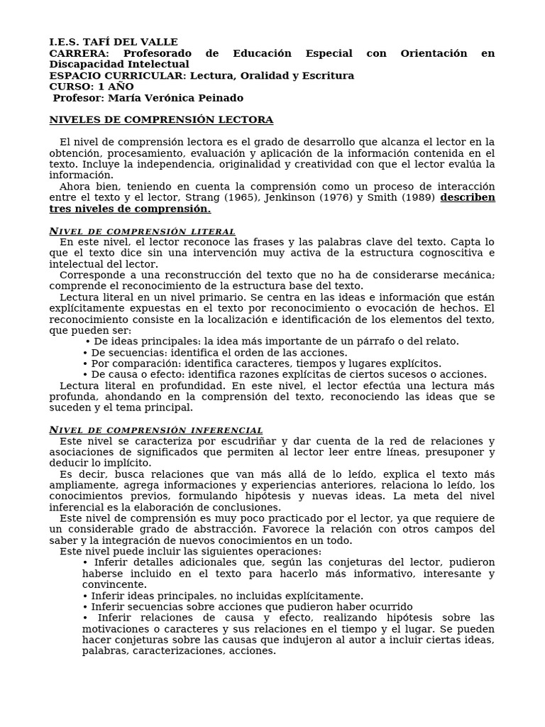Niveles de Comprensión Lectora | PDF | Comprensión lectora | Inferencia