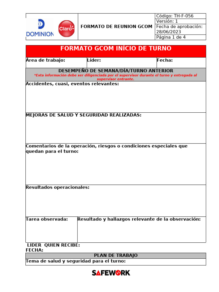 Formato de Reunión GCOM: Inicio de Turno | PDF