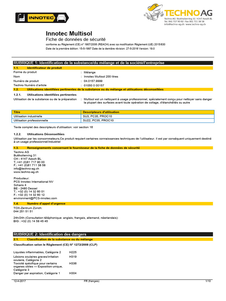 Fiche de sécurité Innotec Multisol | PDF