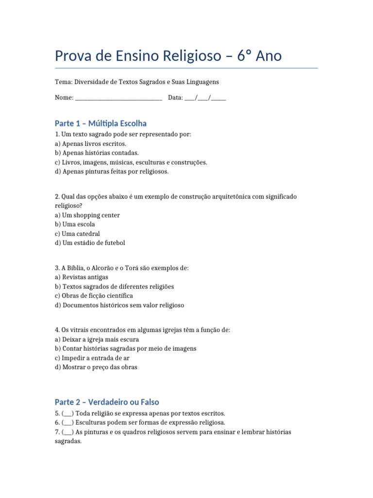 Prova de Ensino Religioso 6º Ano | PDF