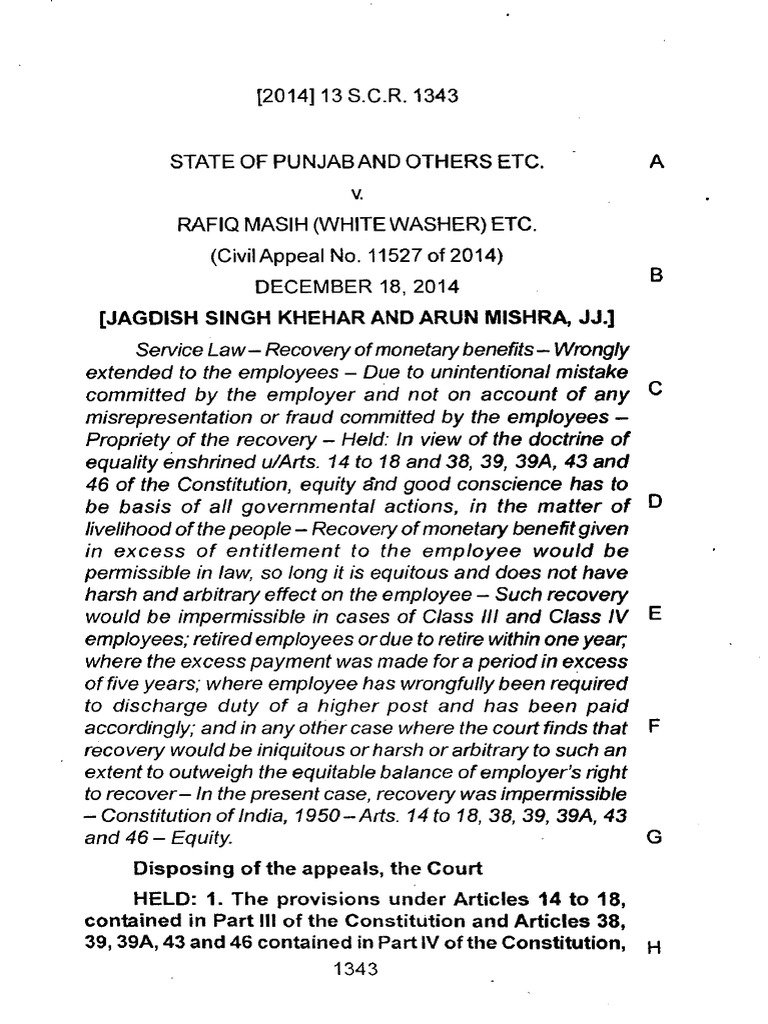 Punjab v. Rafiq Masih: Recovery Judgement | PDF | Employment | Equity (Law)