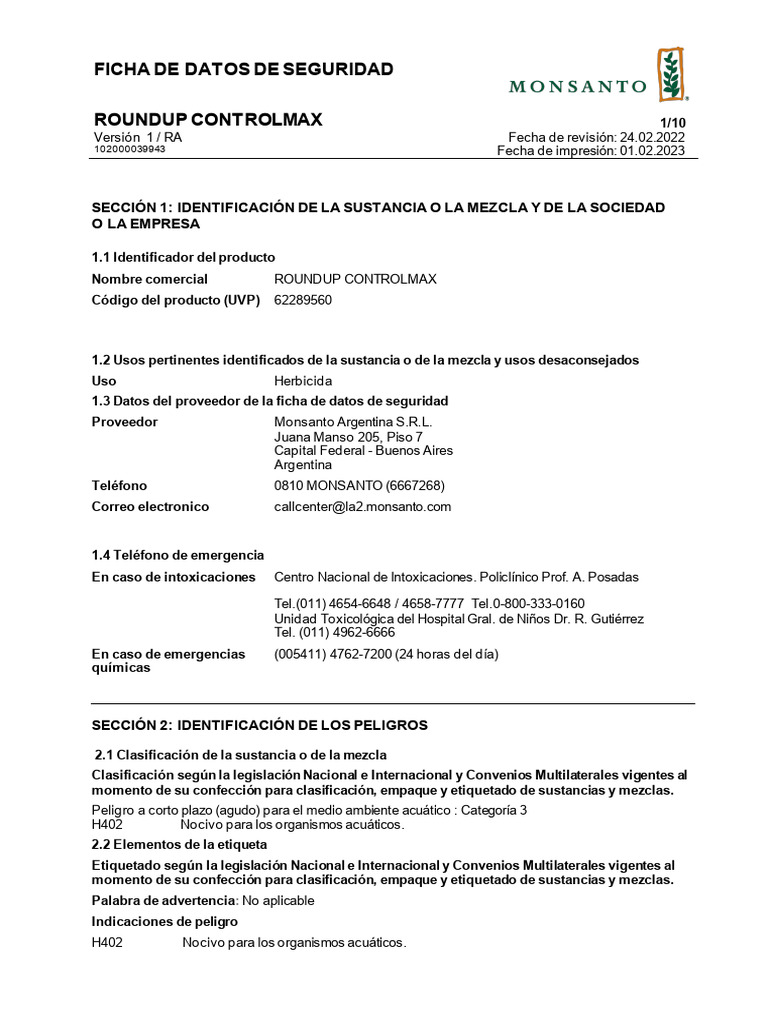 Ficha de Seguridad Roundup Control Max | PDF | Agua | Toxicidad