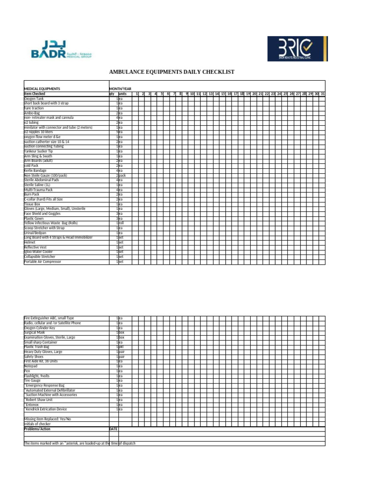 Daily Ambulance Equipment Checklist | PDF | Equipment