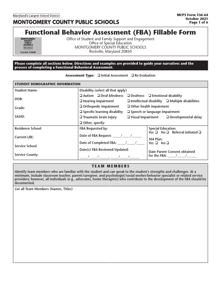 Functional Behavior Assessment (FBA) Fillable Form | PDF | Special ...