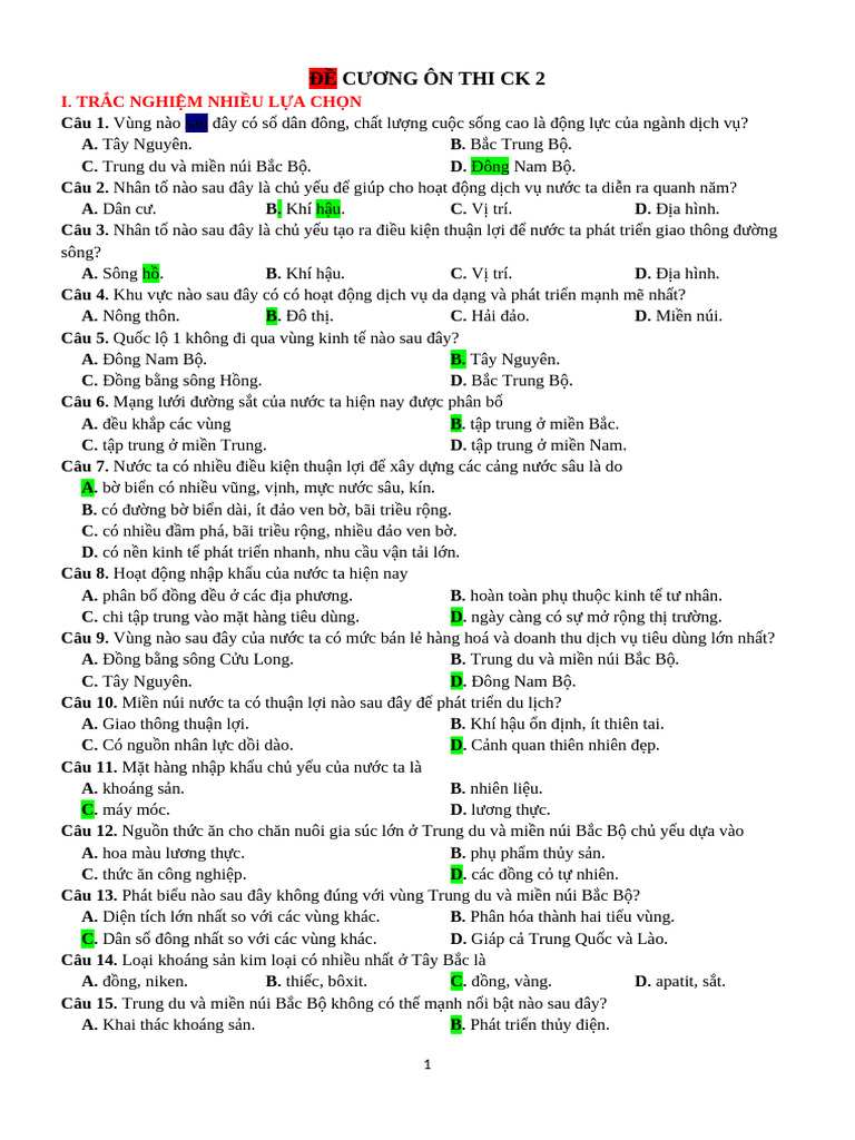Đề Cương Ôn Thi Ck 2: I. Trắc Nghiệm Nhiều Lựa Chọn | PDF