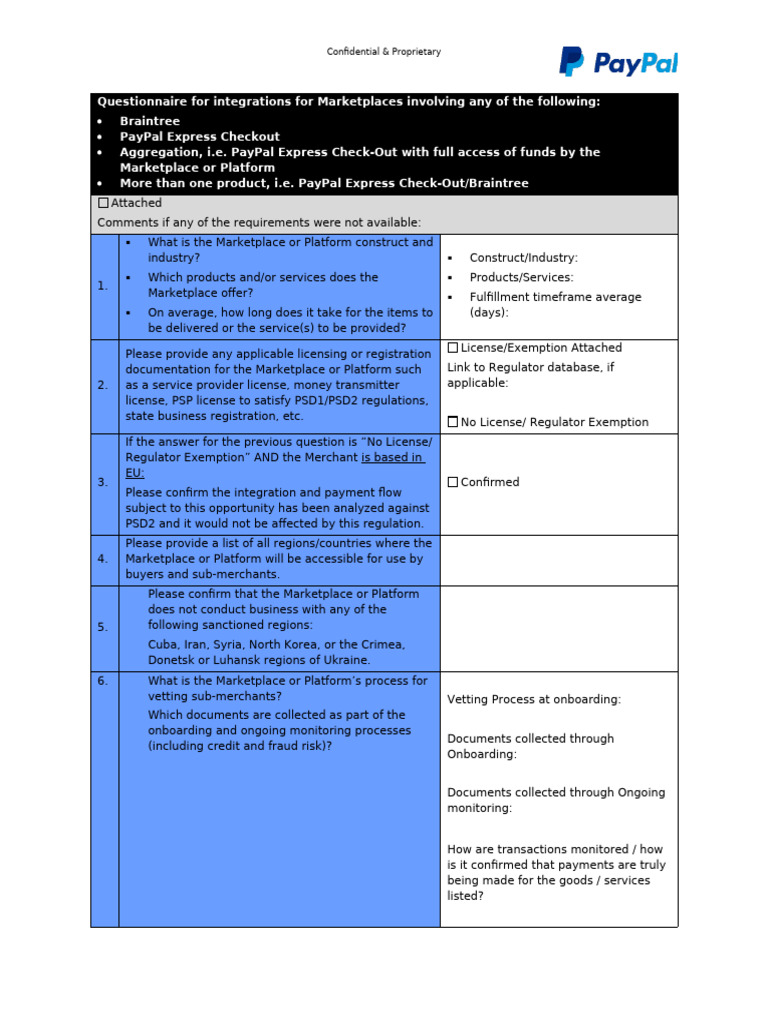 Marketplace Integration Questionnaire | PDF | Pay Pal | Business