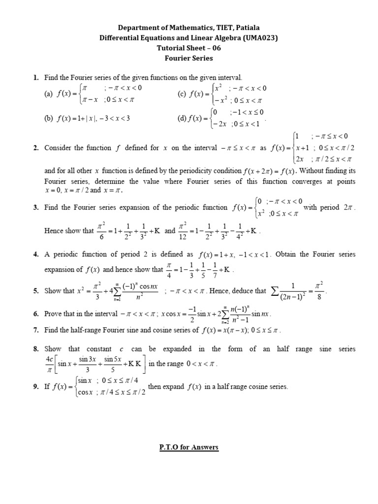 Fourier Series Tutorial Sheet 06 | PDF | Fourier Series | Trigonometric ...