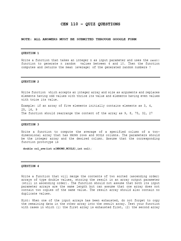 CEN 110 Quiz: Function Coding Challenges | PDF