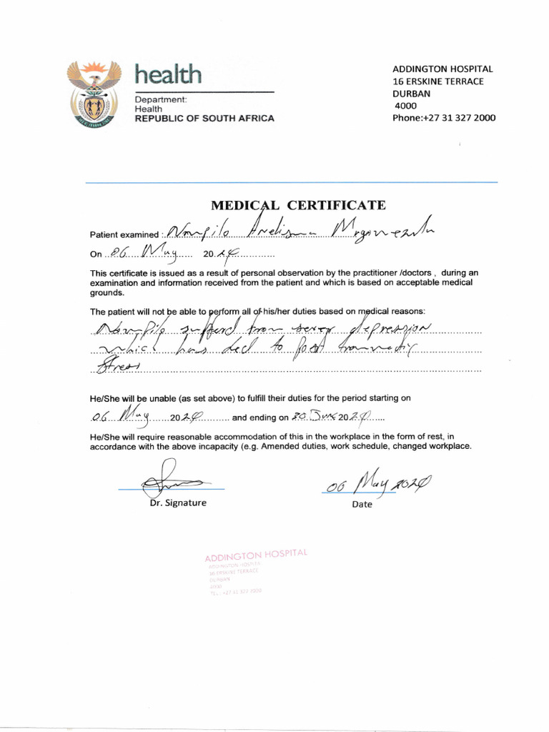Medical Certificate for Leave - Addington Hospital | PDF