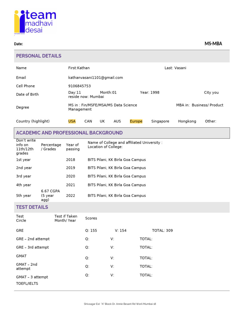 MS-MBA Application Details for Kathan Vasani | PDF | Standardized Tests ...