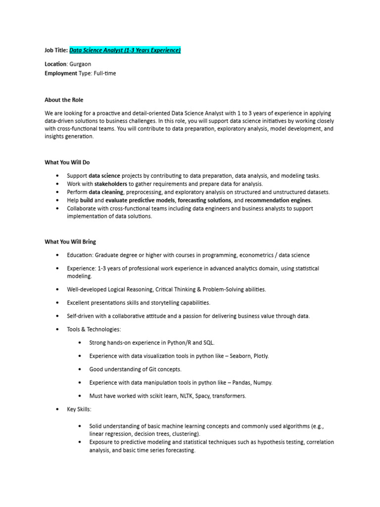 Data Science Analyst Role Overview | PDF | Data Science | Data Analysis