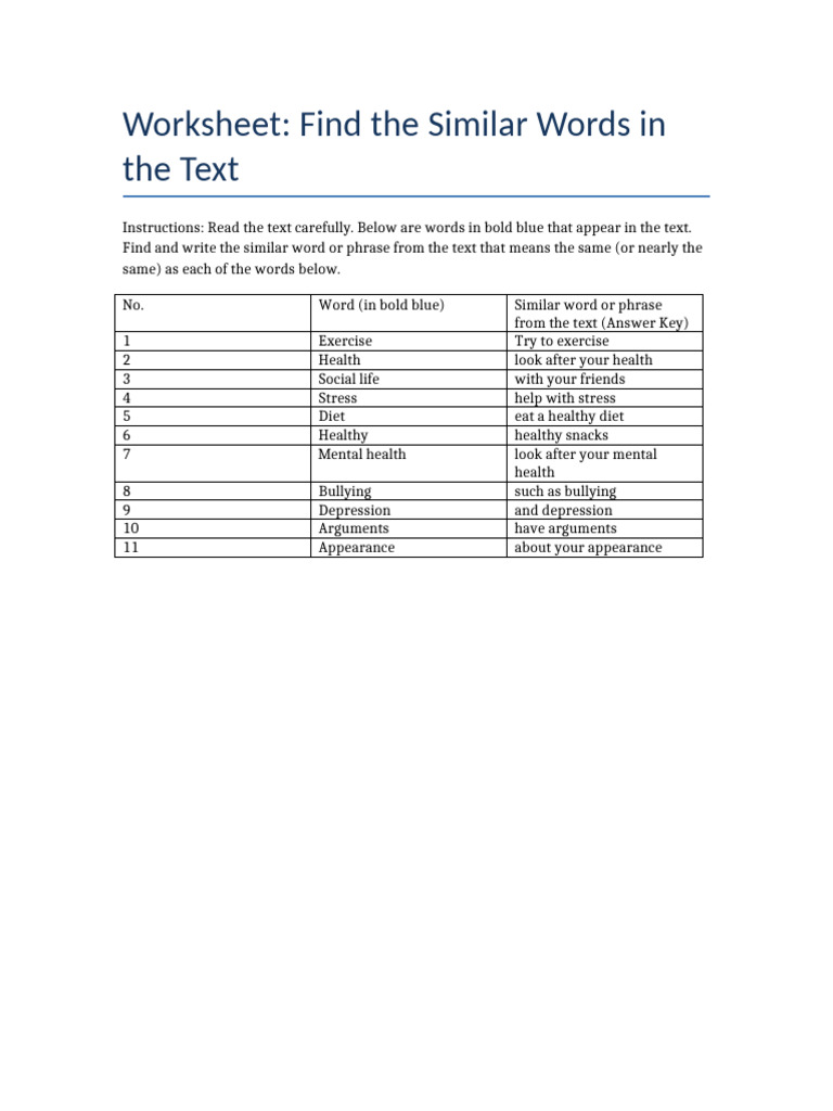 Find Similar Words Worksheet With Answers | PDF
