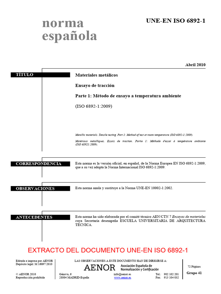 Norma UNE-EN ISO 6892-1: Ensayo de Tracción | PDF | Ciencias fisicas ...