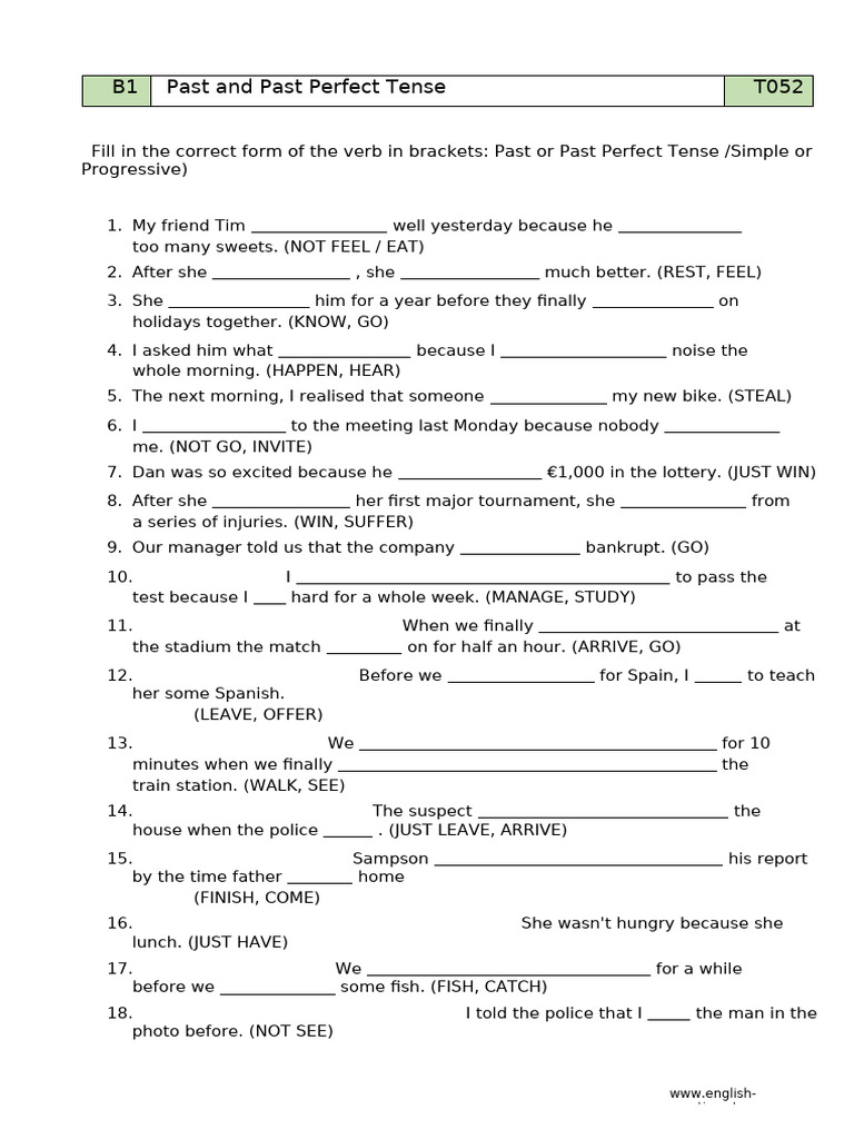 B1 Past and Past Perfect Tense Exercises | PDF | Grammar | Linguistics