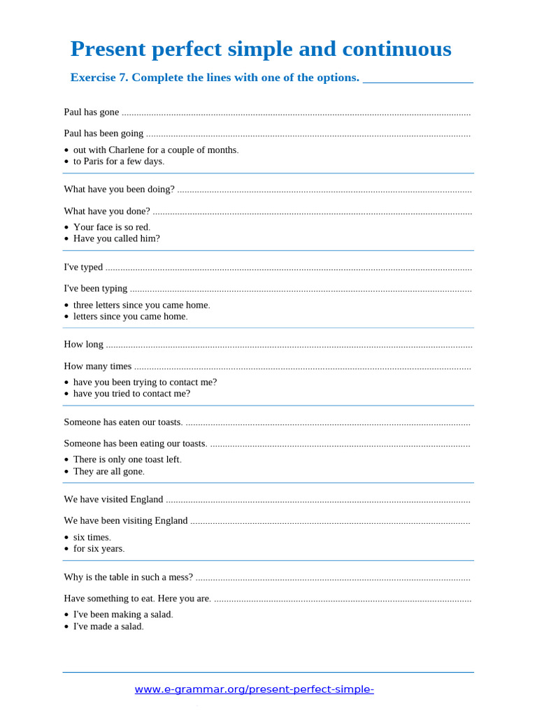 Present Perfect Simple Continuous Exercise 7 | PDF | Cooking | Cuisine