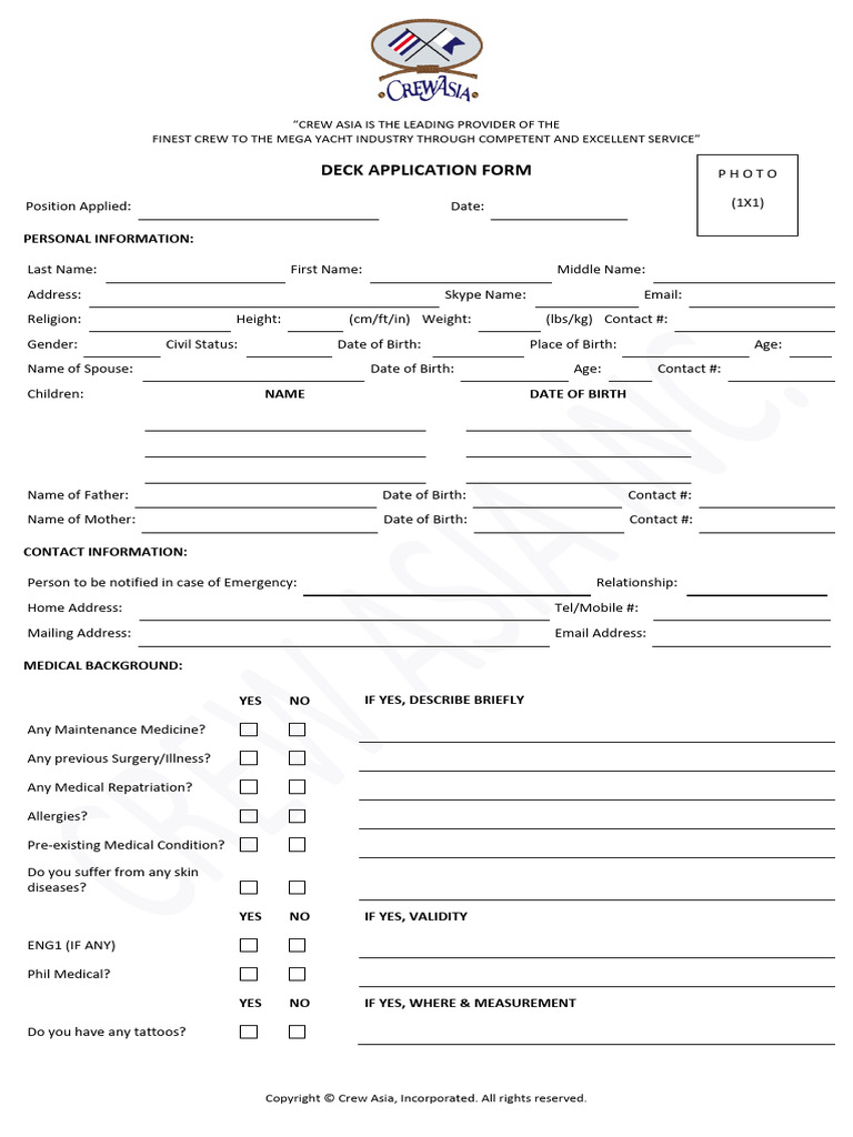 Mega Yacht Crew Application Form | PDF