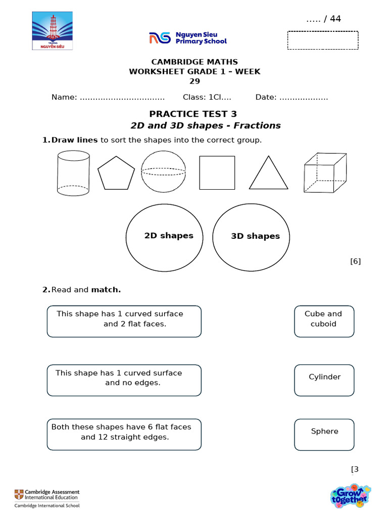Grade 1 Maths: Shapes & Fractions Worksheet | PDF | Shape | Triangle