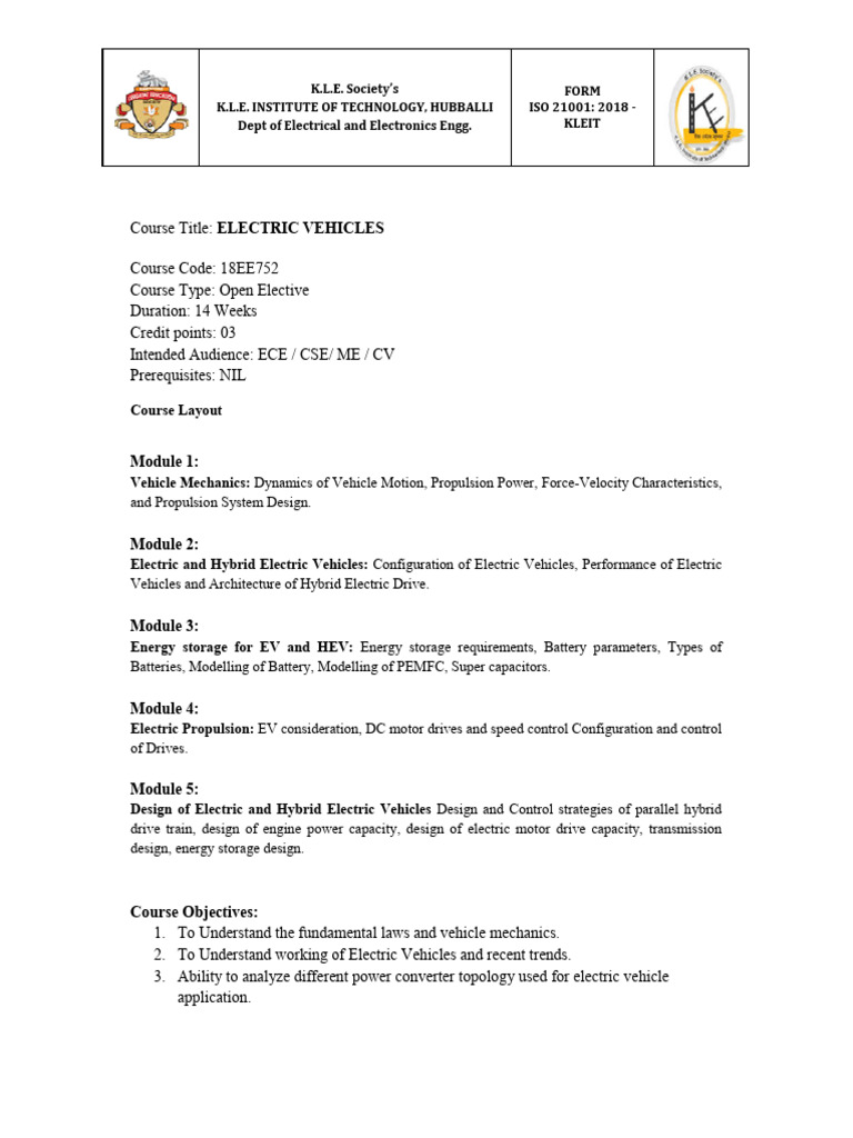 Electric Vehicles Course Overview | PDF | Electric Vehicle | Hybrid Vehicle