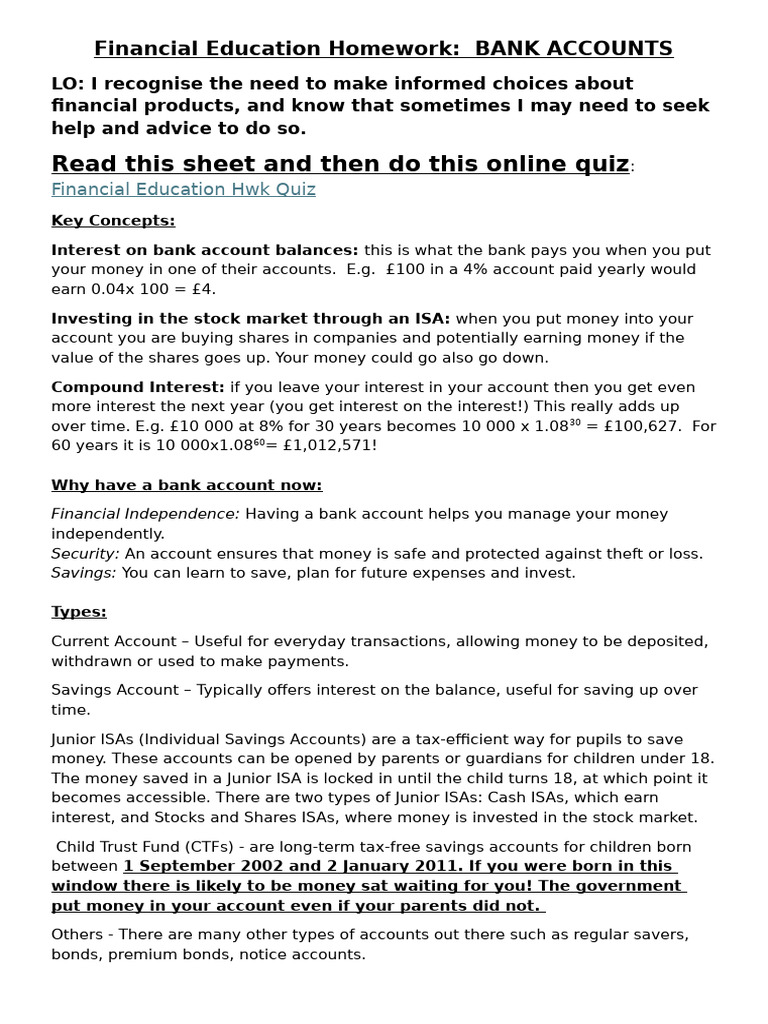 Financial Education Homework | PDF | Interest | Banks