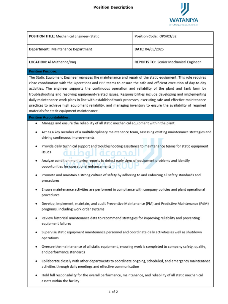 Job Vacancy Mechanical Engineer Static Pdf Reliability