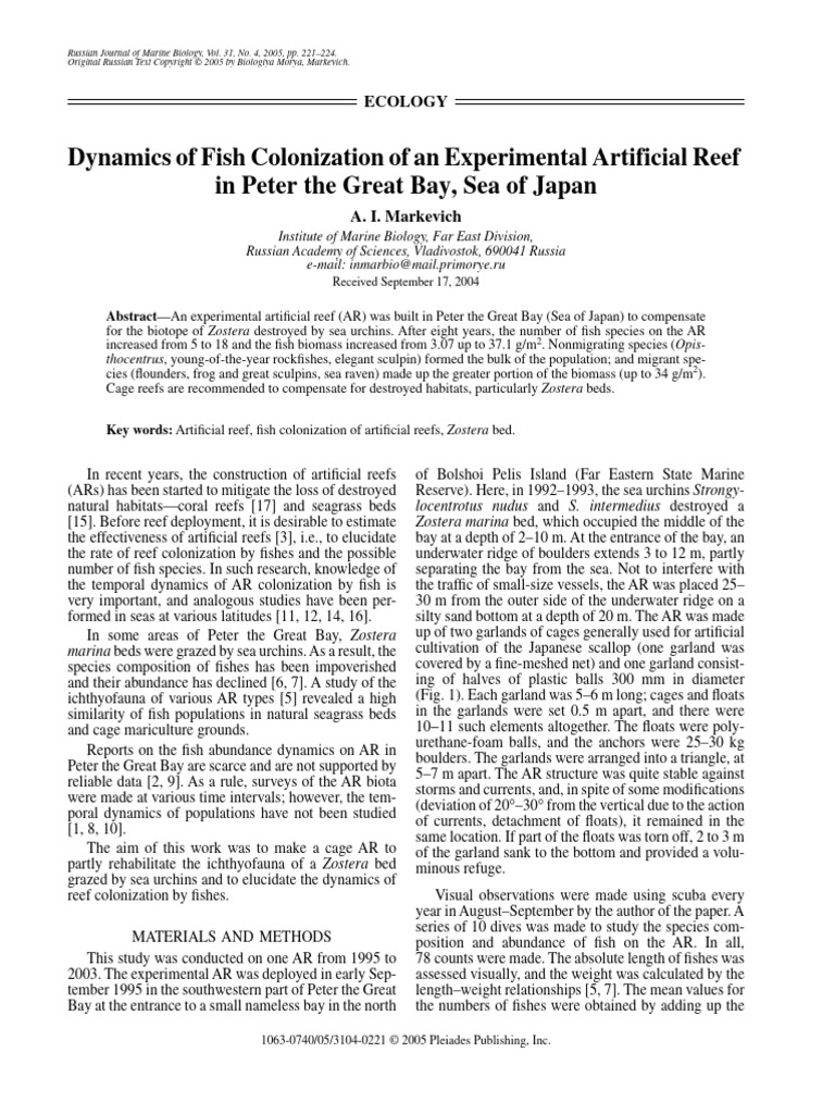 Dynamics of Fish Colonization of An Experimental Artificial Reef in ...