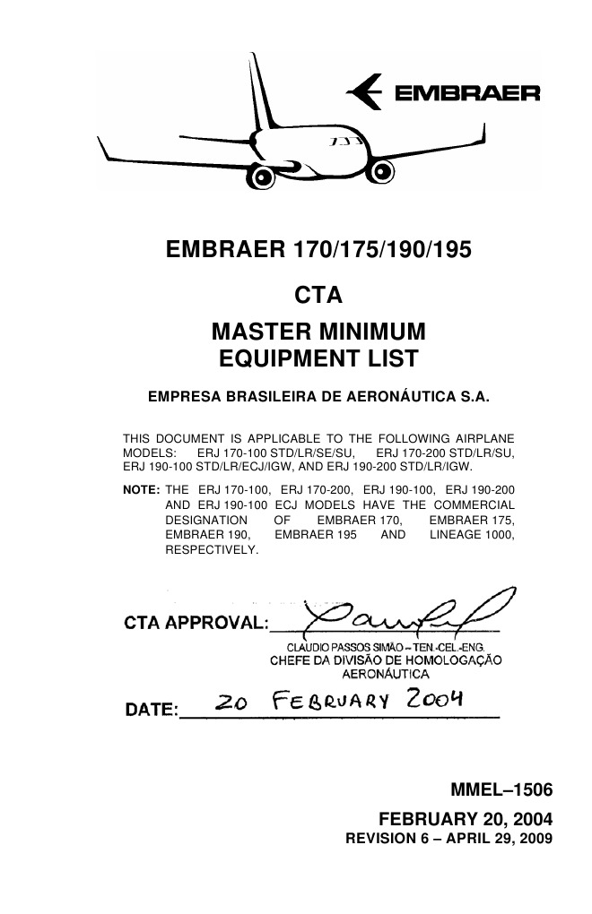 EMBRAER 170/175/190/195 CTA Master Minimum Equipment List Empresa Brasileira de Aeronáutica S.A