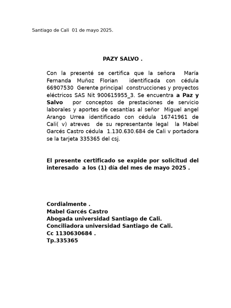 Certificado Paz y Salvo Laboral 2025 | PDF