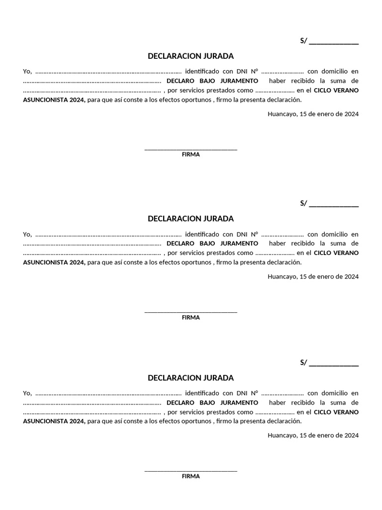 Declaración Jurada Servicios 2024 | PDF