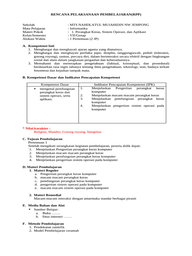 RPP Informatika Kelas 7 Semester Genap | PDF