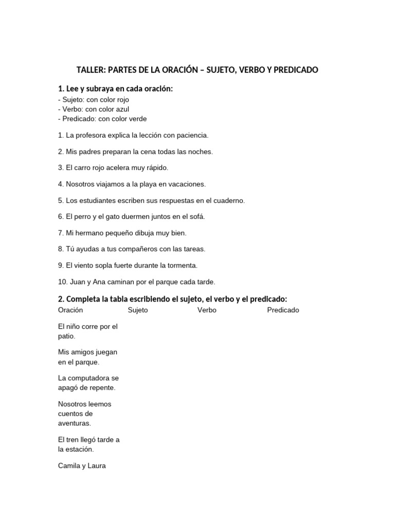 Taller sobre partes de la oración | PDF | Predicado (Gramática ...