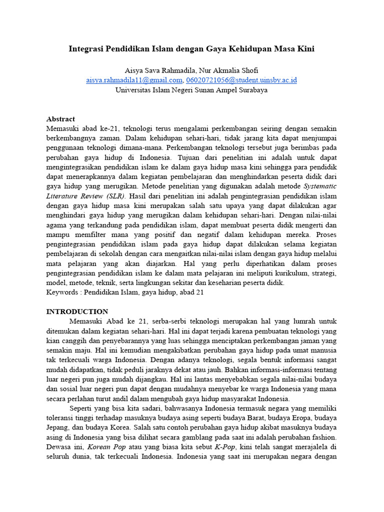 Integrasi Pendidikan Islam Dengan Gaya Kehidupan Masa Kini | PDF
