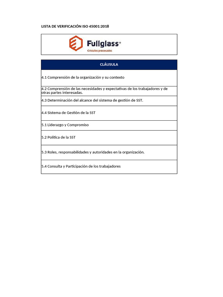 Lista de Verificación ISO 45001 - 2018 - FULLGLASS - Gab | PDF