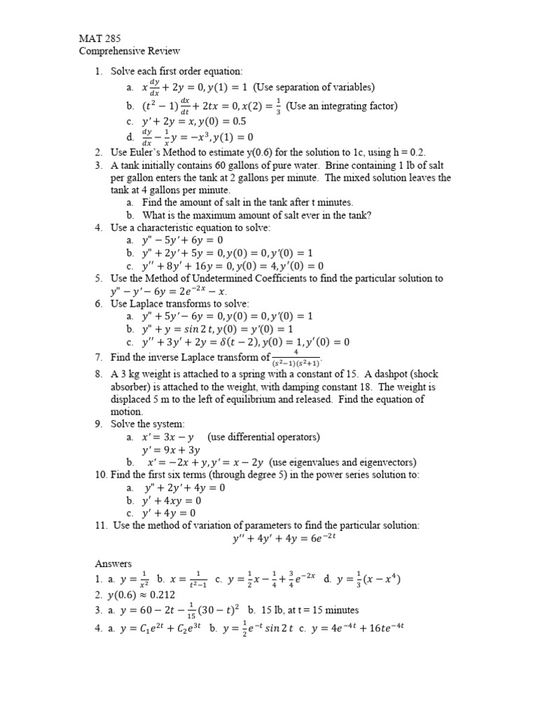 MAT 285 Differential Equations Review | PDF | Mathematical Objects ...
