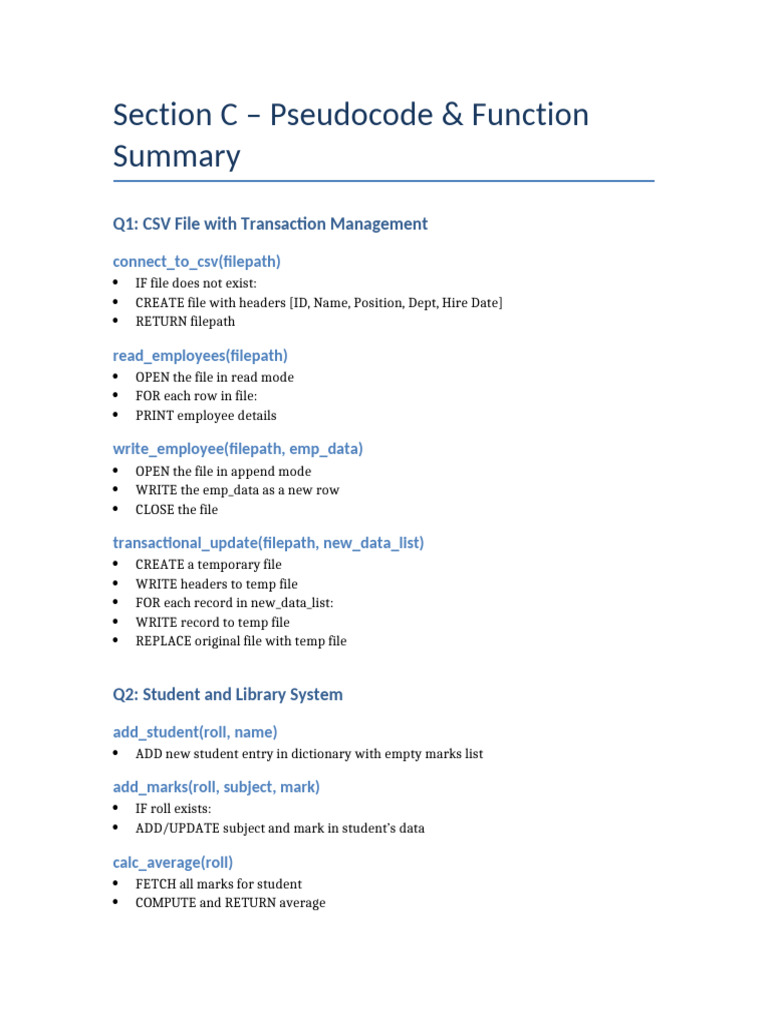 Section C Pseudocode Summary | PDF