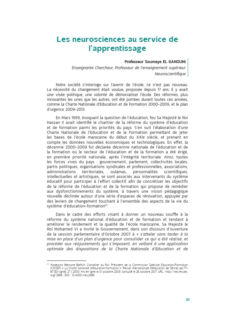 Neurosciences et réforme éducative au Maroc | PDF | Apprentissage ...